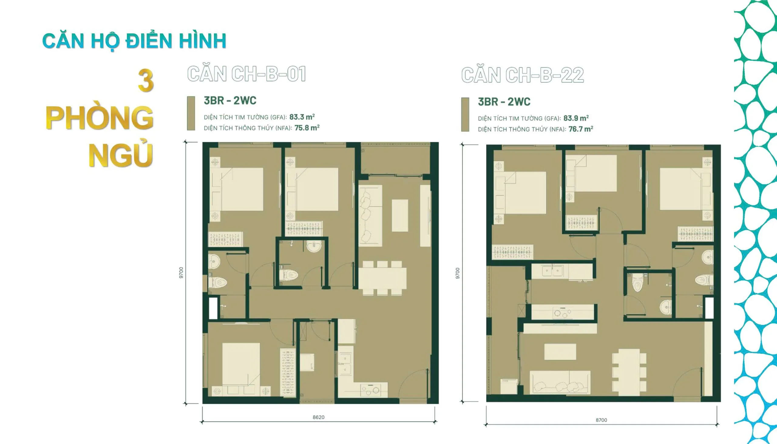 Mặt bằng Căn 3PN (Căn góc View Sông)